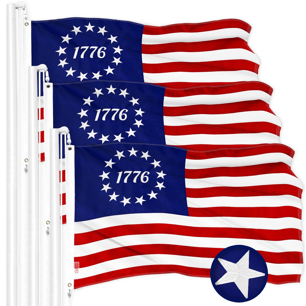 G128 3 Pack: Betsy Ross 1776 Flag | 2.5x4 Ft | ToughWeave Series Embroidered 300D Polyester | Historical Flag, Embroidered Design, Indoor/Outdoor, Brass Grommets